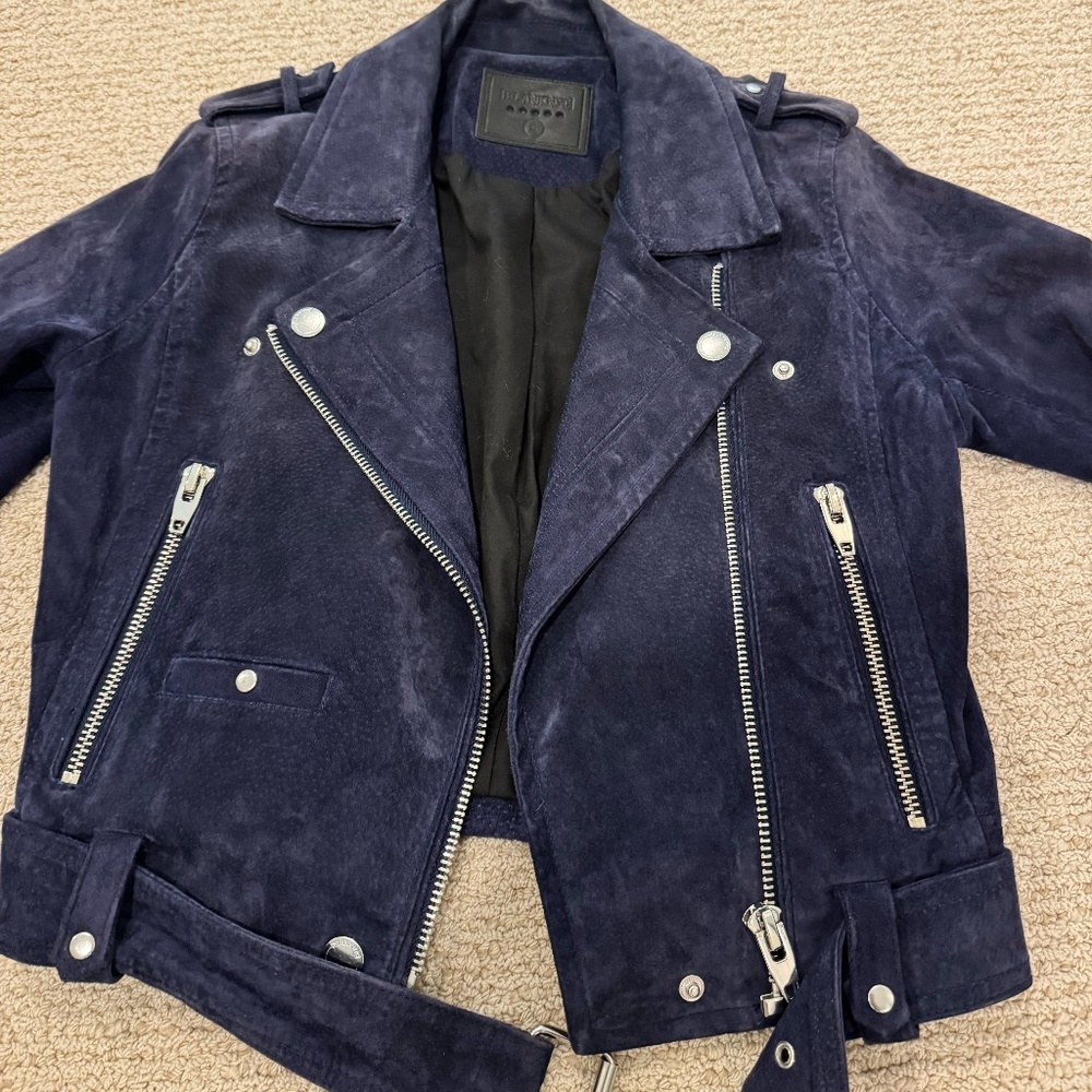 Navy blue suede moto jacket